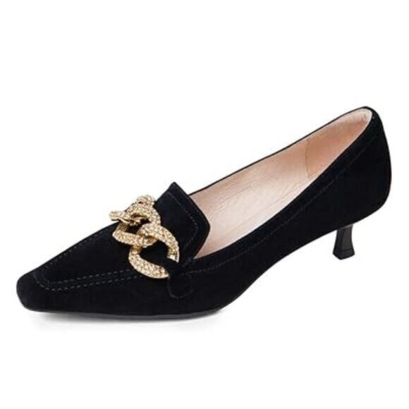 FSJ Women Kitten Low Heel Dressy Pumps Closed Pointed Toe Metal Rhinestone - Picture 1 of 8